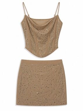 SHEIN Rhinestone Studded Two Piece Crop Top Mini Skirt Set Medium Party
